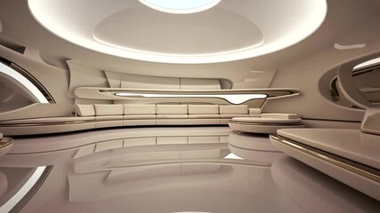 A modern interior featuring a bathroom and kitchen, along with various digital music storage and playbac k technology like CDs, vinyl, and computer equipment