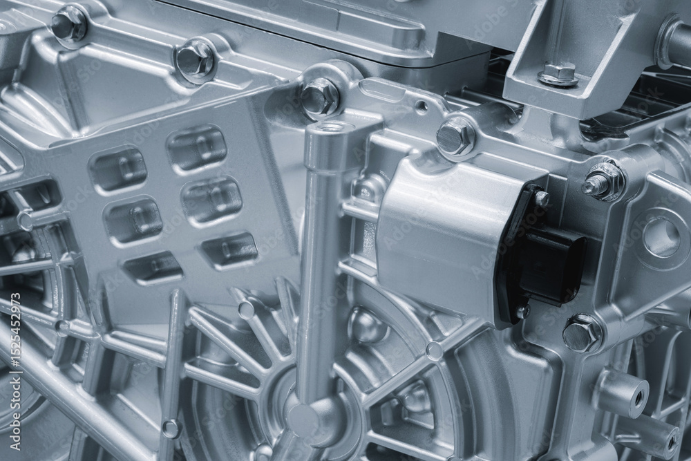 Poster a close up of a car engine with many bolts and screws. the engine is silver and he is a part of a la