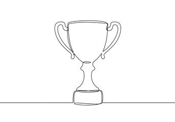 A simple continuous line drawing of a trophy with a base and handles on a white background space