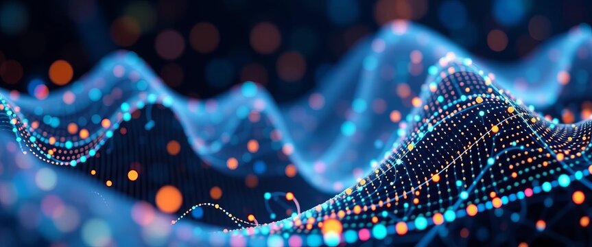 Abstract network nodes generating musical waveforms, AI code visualized,   design,  abstract
