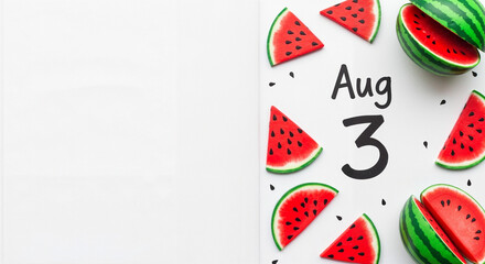 Watermelon slices with August 3 date on white background