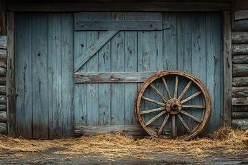Obraz premium Sunlit hay beside vintage wooden wheel high resolution picture