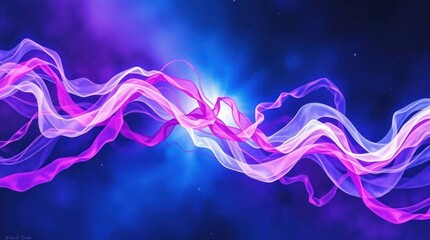 Wavy translucent magenta pink  white ribbons floating against a cosmic blue  purple nebula backdrop with starlight