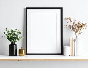 Minimalist black frame mockup with eucalyptus dried flowers and books on a shelf