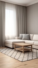 Modern Living Room with Neutral Tones: Comfortable Sectional Sofa, Stylish Rug, and Wooden Table for a Relaxing Home Interior.
