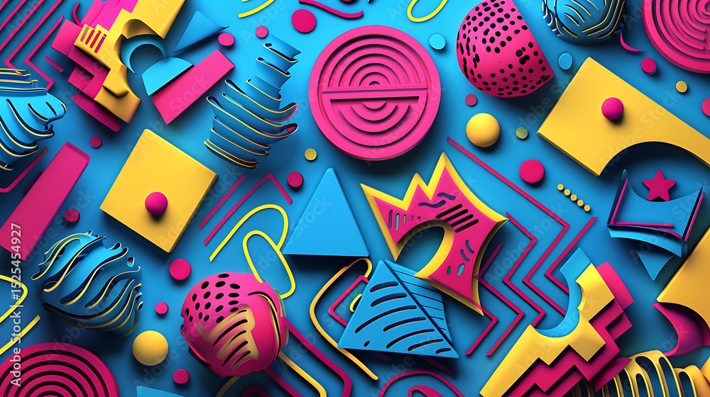 Fototapete a vibrant and playful arrangement of geometric shapes in pink, blue, and yellow creates a modern abs