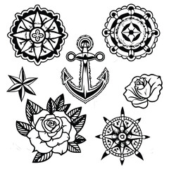Nautical tattoo flash sheet with anchor rose compass and star elements