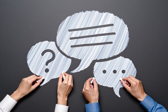 Hands Drawing Chalk Speech Bubbles with Question and Answer on Dark Surface