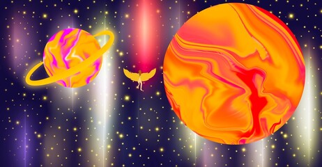 A 2D illustration depicting a beautiful cosmic landscape with planets