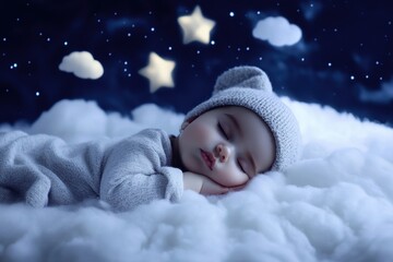 Sweet dreams for babies in a cozy cloud setting under a starry night sky, Lullaby For Babies Photo template ing sleep on cloud, relax and nice dream on night quality