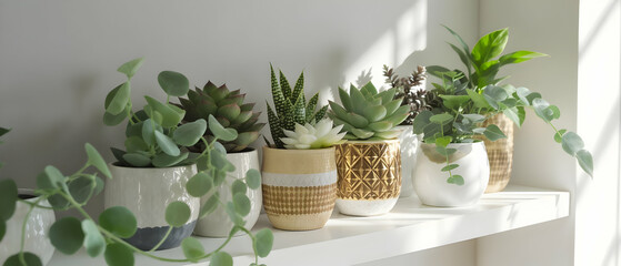 Fototapeta premium Succulent plants in ceramic pots on white shelf with natural light Trendy decor concept for wellness and interior blogs.