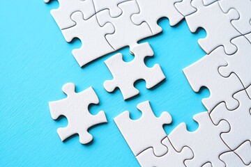 Fototapeta premium Unfinished White Jigsaw Puzzle Isolated on Blue Background, Connection Theme Concept