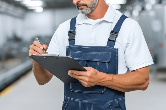 Man in overalls writes on clipboard in industrial setting inspection maintenance.