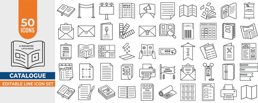 50 Editable Stroke Vector Line Icons Related to Catalogue, Brochure, Flyer, Leaflet, Booklet, Menu, Print Media, Paper, Envelope, Banner & Magazine Symbols. editable stroke. vector illustration