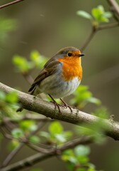 European Robin Perched on a Branch in Spring