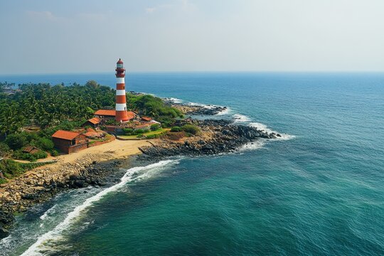 Breathtaking aerial view of Kovalam lighthouse and coastline in Thiruvananthapuram, Aerial view of kovalam lighthouse thiruvananthapuram kerala