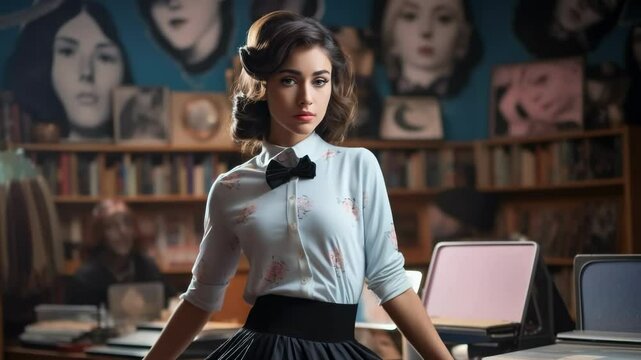 Nostalgic beauty: rockabilly youth, pinup icons, retro look, Hollywood glow, neon radiance, jukebox melodies, diner elegance, 50s grace, vintage love, stylish moments, timeless fashion, 60s romance.