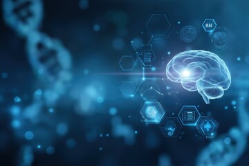 Digital brain with dna helix and medical icons in blue artificial intelligence concept