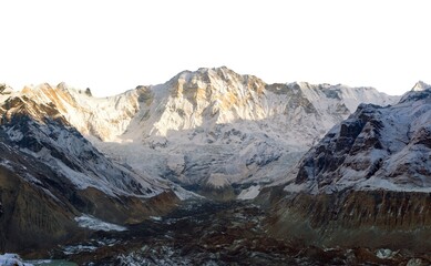 Morning panoramic view Mount Annapurna isolated white