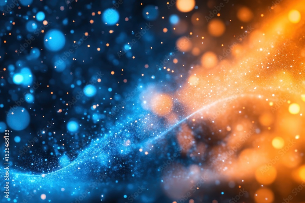 Poster vibrant abstract display of orange and blue particles flowing in dynamic patterns, abstract backgrou