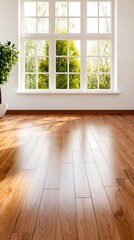 Fototapeta premium Bright Interior Room Featuring Wooden Floor, Large Window with Trees, and Green Plant, Creating a Serene Atmosphere