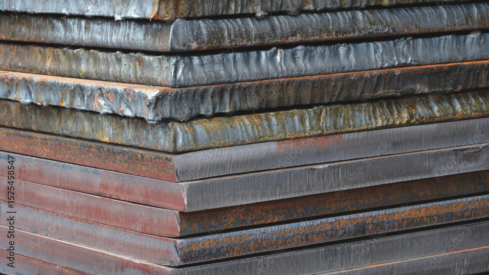 Poster Stack of thick heavy metal plates rusty uneven surface after laser cutting. plates stacked, creating sense of depth and texture. scene is somewhat dark and industrial  background