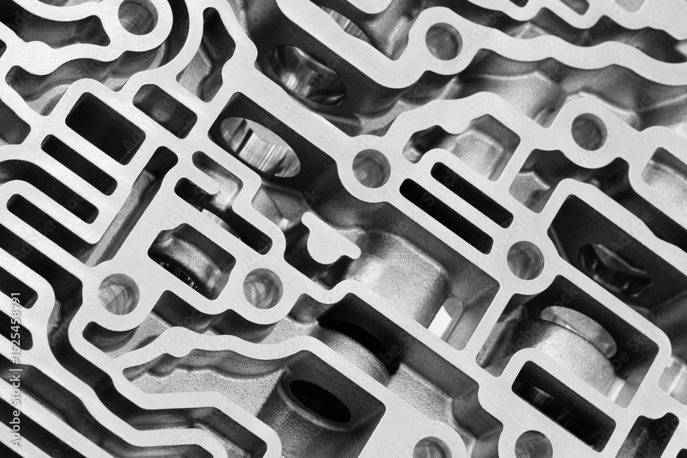 Fototapete 3D printed metal part with many holes and lines. part is silver and has a very complex design. concept of complexity and precision. Industrial adaptive technologies