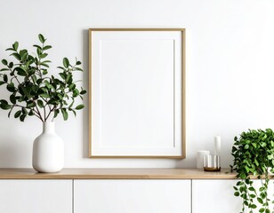 Minimalist interior with blank frame green plants and candles on a wooden surface