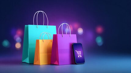 Colorful shopping bags and a smartphone with a shopping cart icon, representing online and retail shopping on a vibrant background.
