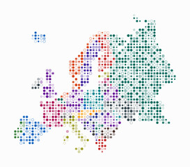 Fototapeta premium Europe, shape of the continent built of colored cells. Digital style map of Europe on a white background. Small size circle blocks. Simple vector illustration.