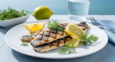Grilled Fish Lemon Dill Garnish Gourmet Food Photography