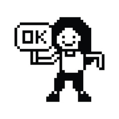Fototapeta premium Cute pixel cartoon character woman girl chat feedback Ok accept okay decoration 8 bit female lady woman good accept OK okay pixel game png vector.