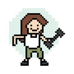 Obraz premium Cute pixel cartoon 8bit character woman weight training bodybuilder dumbbell lifestyle lifting gym decoration life style 8 bit lady female girl weight fitness isolated game PNG vector.