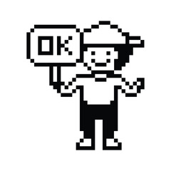 Obraz premium Cute pixel cartoon character man say chat feedback Ok accept okay approve decoration 8 bit male boy man talk good accept OK okay pixel game png vector.