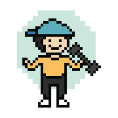 Obraz premium Cute pixel cartoon 8bit character man weight training b dumbbell lifestyle lifting gym decoration life style 8 bit male boy weight fitness isolated game 8bit PNG vector.