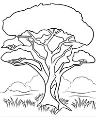 Black and White Hand-Drawn Tree Outline Sketch in a Scenic Nature Landscape with Greenery and Clouds - Ideal for Relaxation Coloring Activities and Artistic Expression