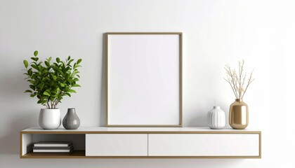 Minimalist interior with blank frame plants and vases on a floating shelf against a white wall