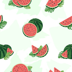 Seamless Watermelon Pattern with Whole Fruits, Slices, Leaves and Watercolor Stains – Vector Background for Kids, Summer Decor, Watermelon Day and Home Textile Design