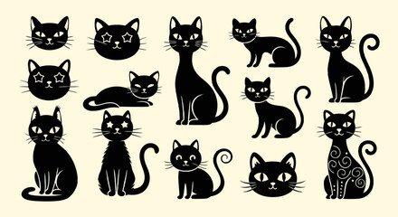 Obraz premium black silhouettes Collection of , cat icons on a white background. Various cat shapes and sizes. cat designs perfect for graphic projects. Element vector set.
