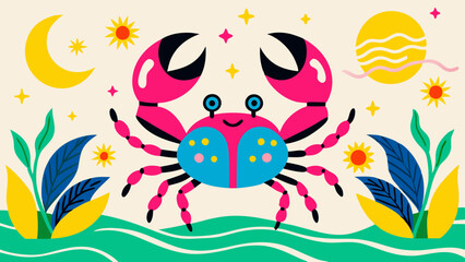 Obraz premium Colorful crab illustration with plants and sun on a beach background - Concept of children's drawing 