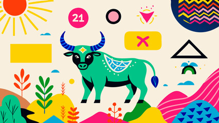 Naklejka premium Colorful bull illustration with abstract shapes and natural elements - Concept of children's drawing 