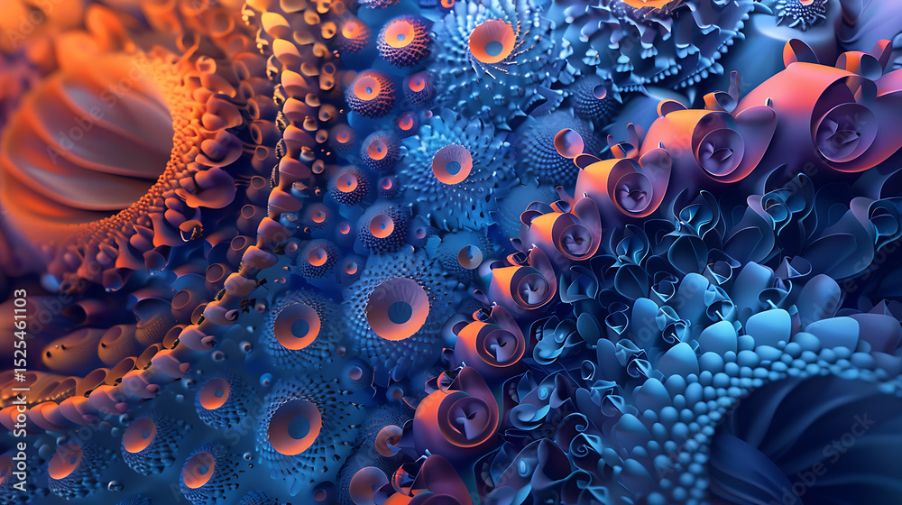 Leinwandbilder A vibrant abstract background features a complex and intricate design with cellular structures, spirals, and geometric patterns in shades of blue and orange, creating a visually stunning effect