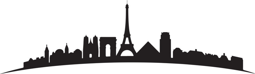 Panoramic silhouette of the Paris, France cityscape. A simple black and white vector graphic icon of famous French architecture, isolated on a white background.