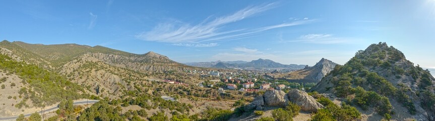 Fototapeta premium Panorama of Sudak valley environ from Palvani-Oba Mountain, Crimea.
