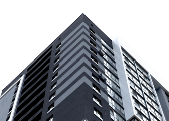 Building corner with modern high rise apartment architecture. Tall white residential structure with