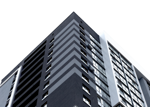 Building corner with modern high rise apartment architecture. Tall white residential structure with