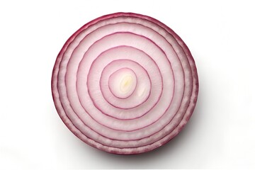 A single purple onion slice on a white background, emphasizing its vibrant color.