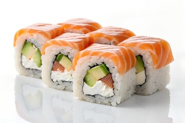 A stack of assorted sushi rolls with salmon and avocado on a white background