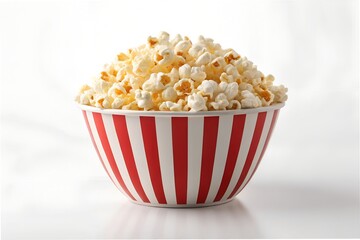A red and white striped bucket filled with popcorn on a white background.