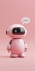 Obraz premium A robot with a pink body and a pink head stands on a pink background. The robot is wearing headphones and has a speech bubble that says 